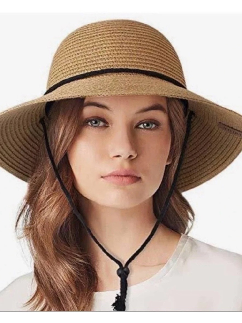 Packable Straw Sun Hat with Chin Cord - Tan